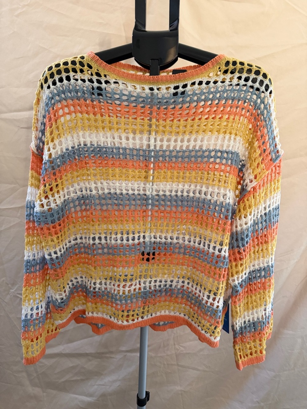 Cupshe Open-Weave Striped Crewneck Sweater in White, Yellow, Blue & Orange